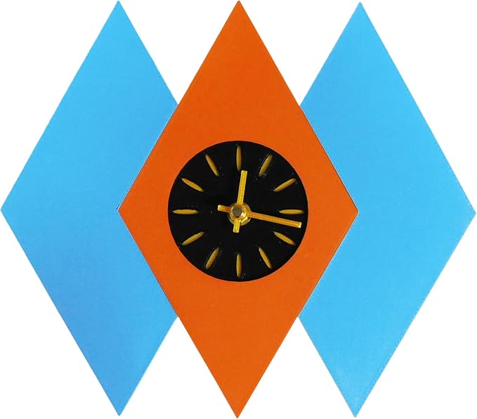 Mid Century Modern Diamond Wall Clock – 3D Printed Retro Geometric Wall Art – Blue & Orange Atomic Style Home Decor (11” × 9.5”)