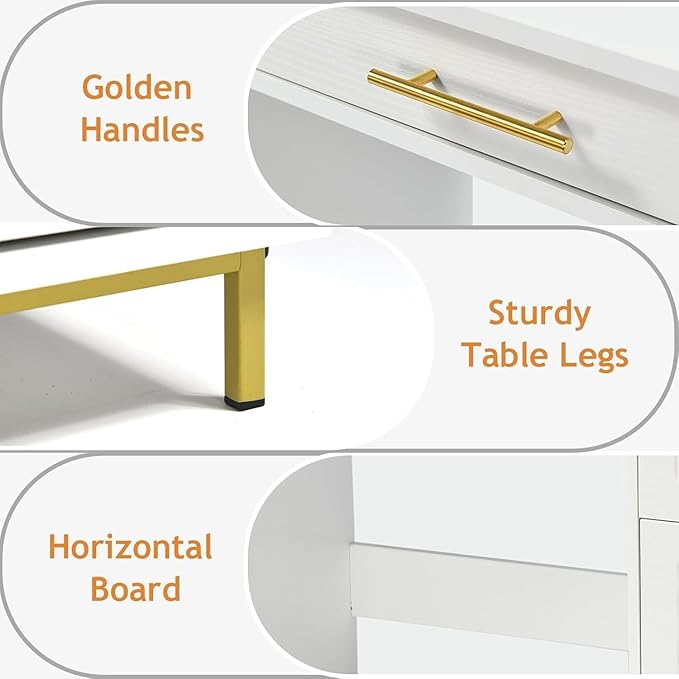 4 EVER WINNER White Desk with Drawers and Golden Handles, 43" Home Office Desks with Drawers, Computer Wrighting Table with Storage for Bedroom, White and Gold Desk