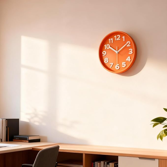 JENLYSTIME 8 Inch Vibrant Orange Modern Wall Clock – Silent Non-Ticking, Bold 3D Numbers, Precise Quartz Movement | Decorative Desk & Wall Clock with Stand for Home, Kitchen, Bedroom, or Office