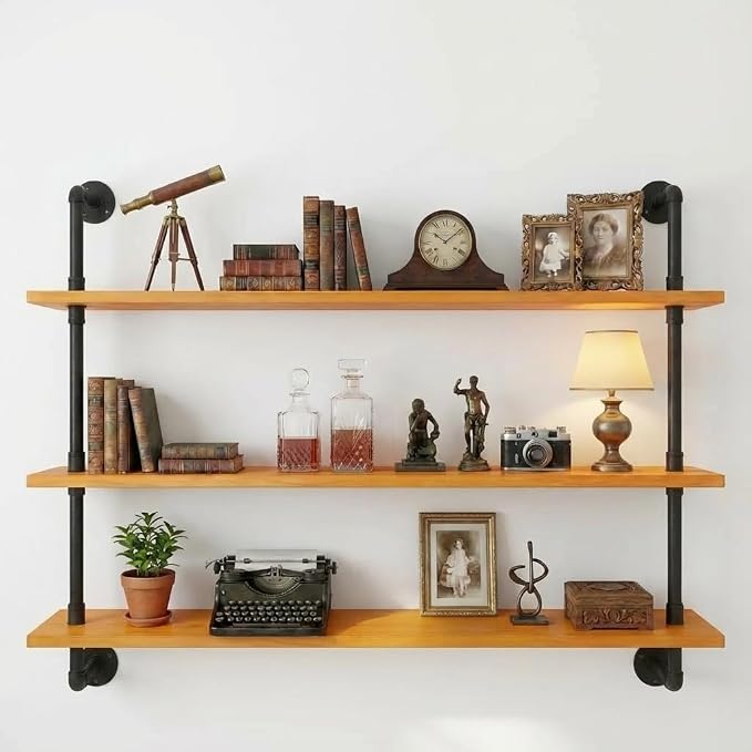 HDDFER Industrial Pipe Wall Shelves - 36" Rustic Natural Oak Solid Wood Shelf, 9.85" Deep Industrial Pipe Floating Shelving for Farmhouse Rustic Decor, Sturdy Storage for Books/Plants/Toiletries