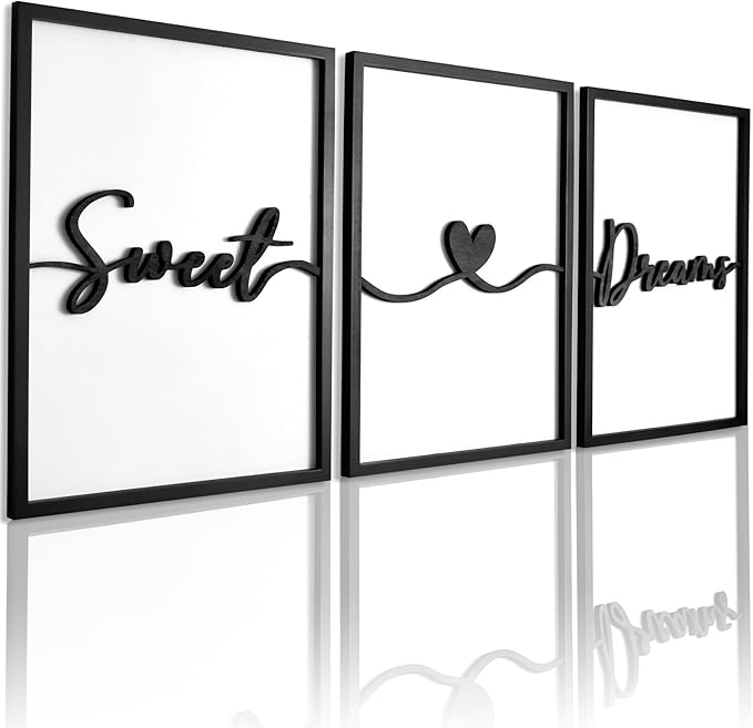 3D Wood Sweet Dreams Wall Decor Above Bed Decors, Bedroom Wall Art 36x16”, Black Wall Decor for Bedroom (12x16 inches, Set of 3, Framed)