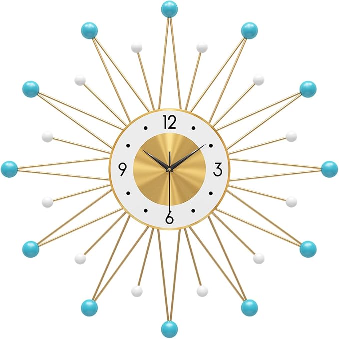 Modern Sunburst Wall Clock,Mid Century Large Metal Vintage Wall Clock for Living Room Decor,Silent Non Ticking Battery Operated,Blue,22"