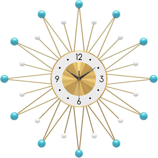 Modern Sunburst Wall Clock,Mid Century Large Metal Vintage Wall Clock for Living Room Decor,Silent Non Ticking Battery Operated,Blue,22"