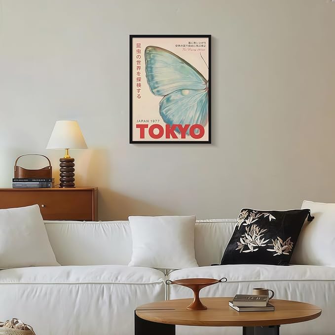 Framed Vintage Butterfly Canvas Wall Art Tokyo 1977 Inspired Picture Modern Gallery Style Print Poster Painting Wall Decor Living Room Bedroom Office 16X24 Inch Ready to Hang