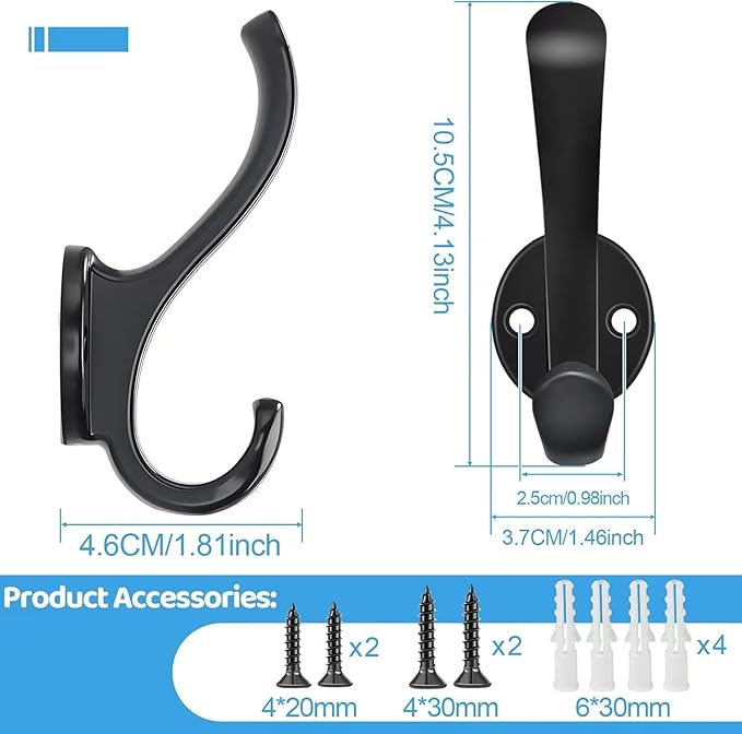 4 Pack Coat Hooks Wall Mount Heavy Duty Utility Retro Double Hooks for Hanging Coats,Hat, Towel, Key, Robe, Scarf, Bag, Cap (Black)