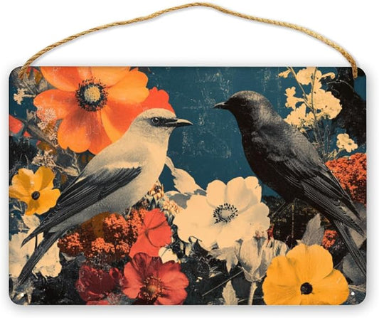 Black Bird in Red & White Flower Collage Wooden Sign 12x8 Inch - Eclectic Office Decor for Retro Lovers - Great Gift for Bold Home Accent Admirers