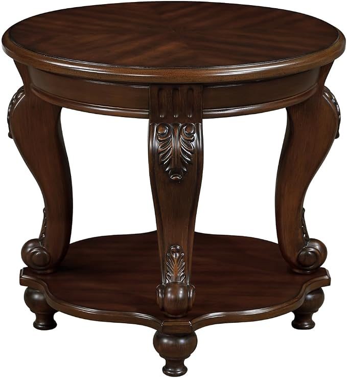 22'' Round End Table Solid Wood Sofa Side Table with Storage Shelf, Living Room Corner Table Retro Accent Table with Cherry Finish, Easy Assemble Round Bedside Table Night Stand for Small Space
