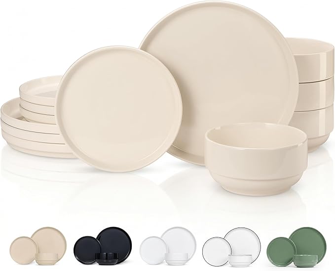 Vase and Vessel Ceramic Dinnerware Set, 12-Piece Service for 4, Soup Bowls (25 oz), Salad Plates (7.5"), Dinner Plates (10"), Round, Microwave and Dishwasher Safe, Ivory, Cambridge Classics