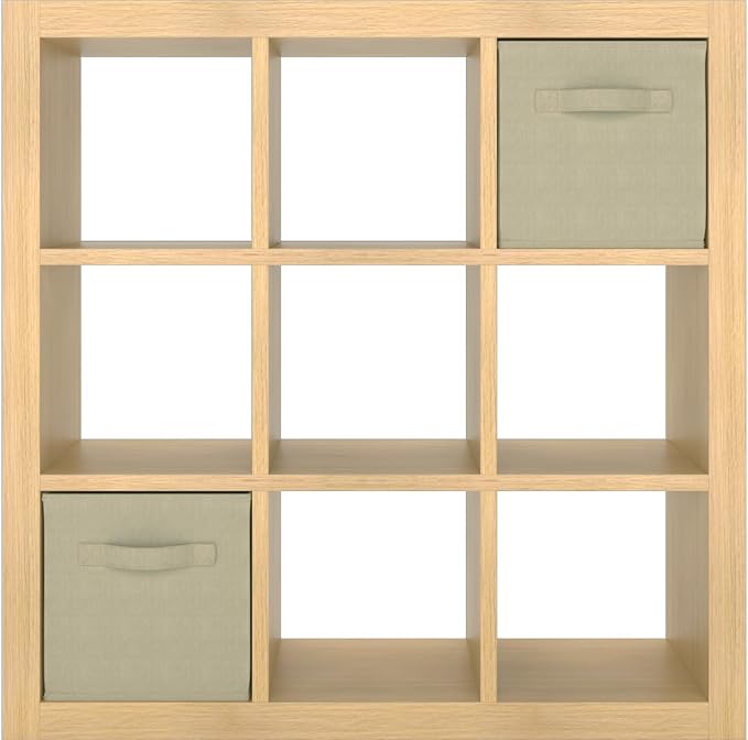 Bookshelf with Storage Bins, 9-Cube Storage Organizer Sturdy Wooden Bookcase Open Book Shelf, Multifunctional Cubicle Rack for Storage & Display, Furniture for Living Room Bedroom Office, Oak