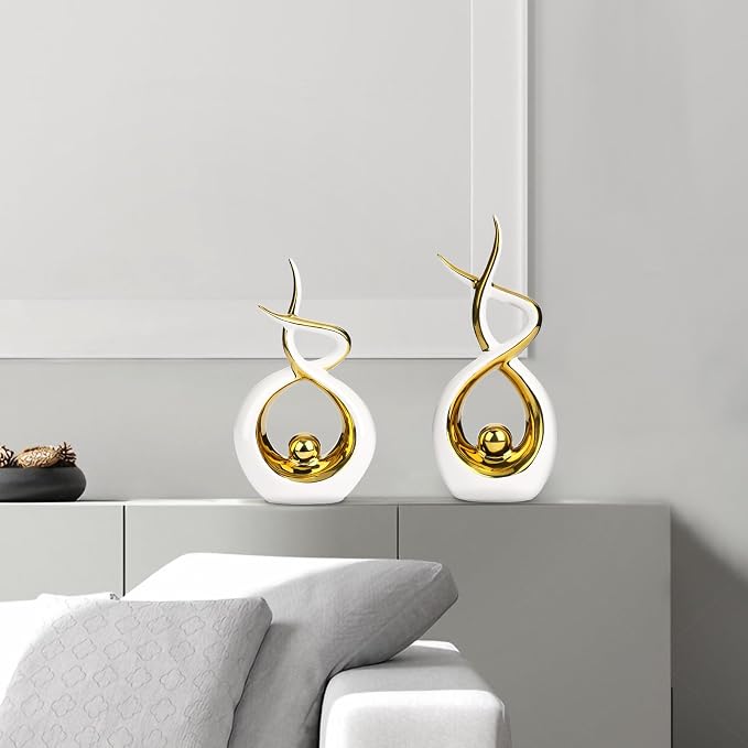 Querro Modern Abstract Ceramic Statue - Elegant White & Gold Decor for Home Living Room, Dining Table Centerpiece & Office Shelf | Luxury Aesthetic Sculpture(Small)