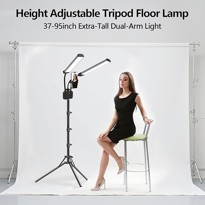 Selfie Light with 75'' Tripod Stand, Dimmable 3 Color LED Dual Arms Ring Light with Phone Holder & Carry Bag for Lash Tattoo Video Photography 45W 95CRI Tripod Floor Lamp