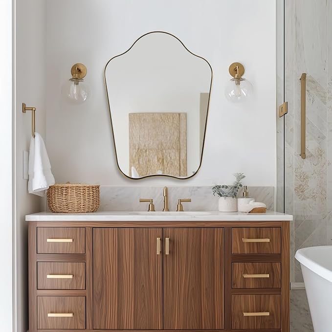 ANDY STAR 22x30 Gold Mirror, Brushed Brass Scalloped Mirror with Curved Design, Irregular Wall Mirror for Bathroom, Vanity, Powder Room, Stainless Steel Frame, Anti-Rust