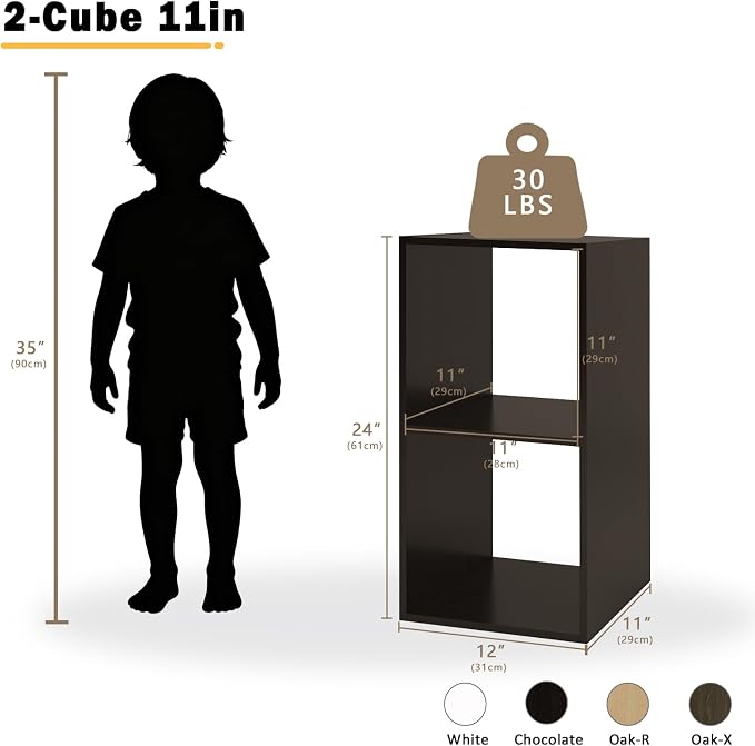 2026 Wooden 2 Cube Shelf Storage Organizer with Anti-Tipping Kits + Reversible Open Back Solid Panel Bookcase (11 x 11 Unit Cell Chocolate)