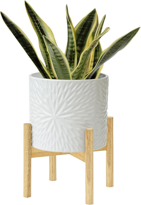 LA Jolie Muse Large Ceramic Planter with Stand Included,10 Inch Unique Modern White Plants Pot,Mid Century Indoor Planter with Wood Planter Holder with Drainage