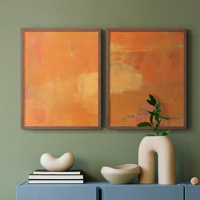 Renditions Gallery Set of 2 Peel & Stick Framed Prints, Abstract Wall Art, Rustic Fain Marking with Brush Strokes Wall Decor, Re-Stickable - Ready to Hang - 16"x20" - Walnut Frame LT588