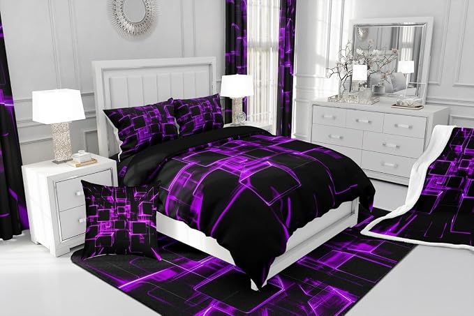 Erosebridal Fluorescent Purple and Black Kids Comforter Set, Modern Geometric Square Bedding Sets Colorful Gradient Neon Light Honeycomb Duvet Insert King 3 Pieces