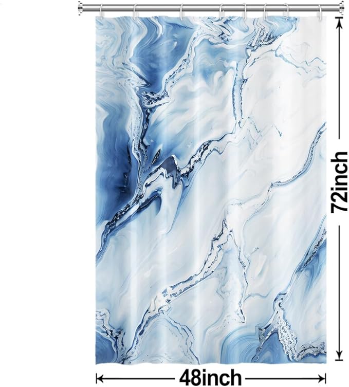 Blue Shower Curtain, Ombre Blue Marble Shower Curtain for Bathroom Modern Aesthetic Waterproof Shower Curtain Set with Hooks, 48x72 Inch