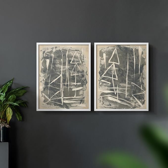 Renditions Gallery Set of 2 Peel & Stick Framed Prints, Trendy Abstract Wall Art, Textured Linework Striking Wall Decor, Re-Stickable - Ready to Hang - 11"x14" - White Frame LT588