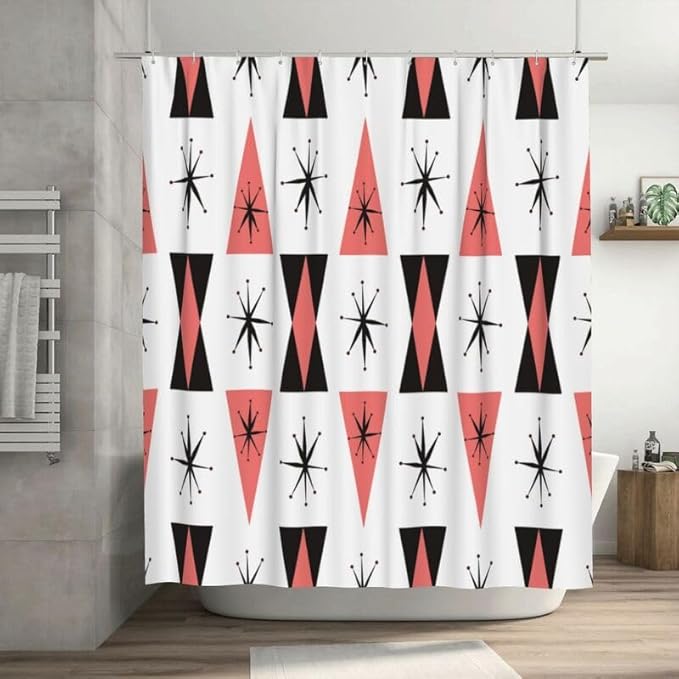 Retro 50s Shower Curtain Atomic Mid Century Black White Coral Pink Colors Pattern Duty Fabric Shower Curtains Set Bathroom Polyester Waterproof with 12 Hooks,72x72Inch（183x183cm）