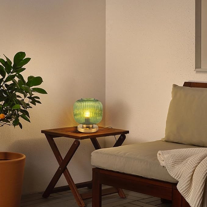 Green Glass Table Lamp - Mid Century Modern with Ribbed Glass Shade, Gold Finish - Desk & Nightstand Lamp - Small Size for Bedside, Living Room & Office