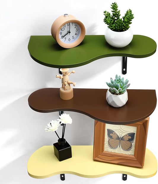 AceOrbit 3 Pcs Mid Century Floating Shelves Wavy Cloud Shelves Wooden Shelf Live Edge Wall Mount Shelf Rustic Farmhouse Mid Century Modern Ledge for Bedroom Living Room Home Decor Housewarming Gifts