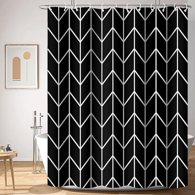 Black and White Pattern Bathroom Shower Curtain Abstract Geometry Line Bath Curtain with Hooks Waterproof Polyester Fabric Shower Curtains for Modern Artistic Bath Decorative, 72x96 Inch