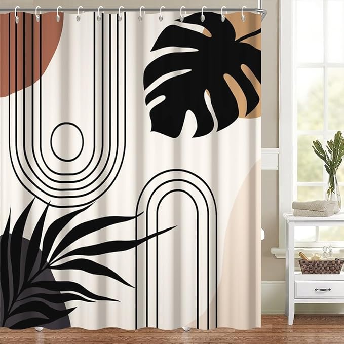 Modern Bohemia Bathroom Curtain Beige Abstract Minimalist Bathroom Decor Set Stripes Arch Sun Palm Leaves Chic Aesthetic Washable Waterproof Polyester Fabric with Hooks 69x70 Inch