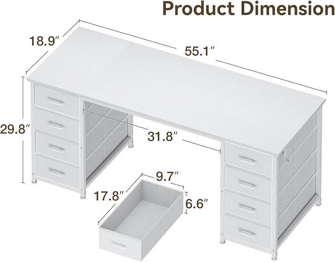 ODK 55 Inch Computer Desk with 8 Fabric Drawers, Modern Office Desk with Large Storage for Home Office, Study, Gaming, White