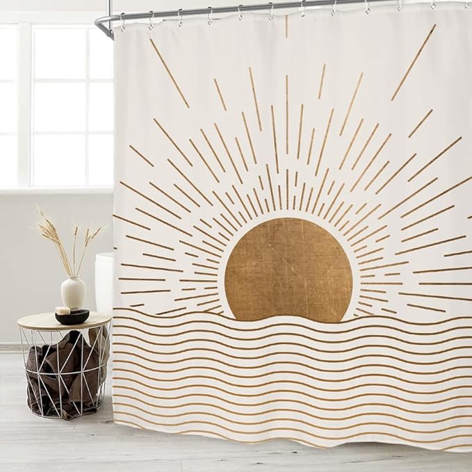 Miyotaa Sun Minimalist Shower Curtain Set 60Wx71H Inches Mid Century Sunrise Sunset Vintage Aesthetic Retro Polyester Waterproof Cloth Bathroom Curtain with 12 Hooks