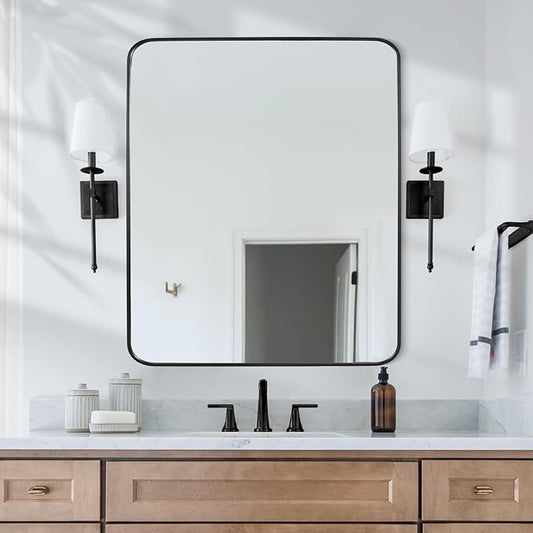 Black Bathroom Mirror 30X36 Inch Rounded Rectangle Wall Mirror Stainless Steel Metal Frame Vanity Mirror Anti-Rust for Entryway, Bathroom, Vanity, Living Room Hangs Vertically or Horizontally
