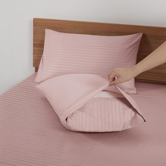 Mejoroom Striped Queen Size Sheet Set - Hotel Luxury 1800 Bedding Sheets & Pillowcases - Deep Pocket Fitted Sheet, Soft, Breathable, Wrinkle & Fade Resistant - 4 Piece (Dusty Pink)