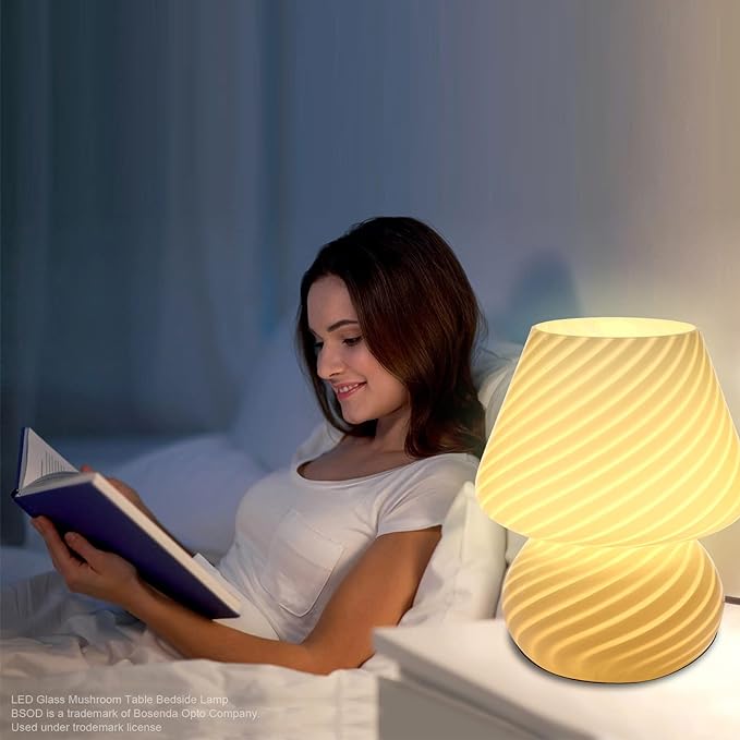Mushroom Lamp,Glass Mushroom Bedside Table Lamps Purple Translucent Murano Vintage Style Striped Small Nightstand Desklamp Swirl Light for Home Decor, Dining, Living, Bedroom, Gift (Stripe Purple)