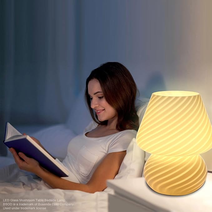 BSOD Glass Mushroom Bedside Table Lamp, Yellow Translucent Murano Vintage Style Striped Small Nightstand Desklamp Swirl Light for Home Decor, Dining, Living, Bedroom, Gift (Stripe Yellow)