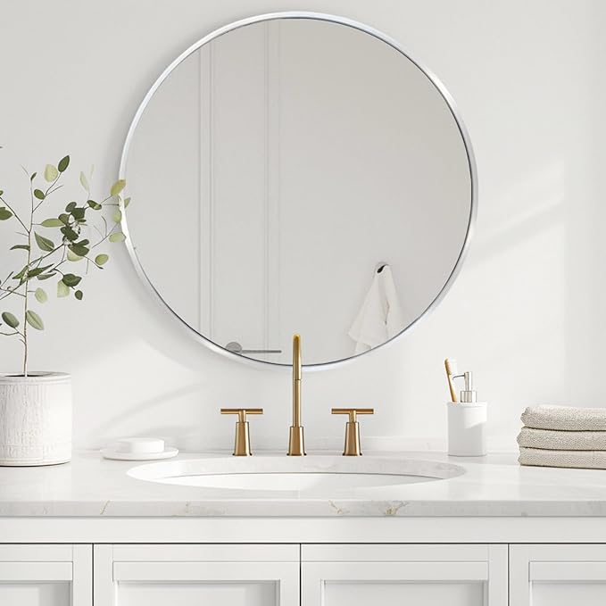 Silver Round Mirror, Circle Mirror 30 inch, Round Wall Mirrors Metal Frame, Circle Mirrors for Bathroom, Living Room, Hallway, Vanity, Over Sink