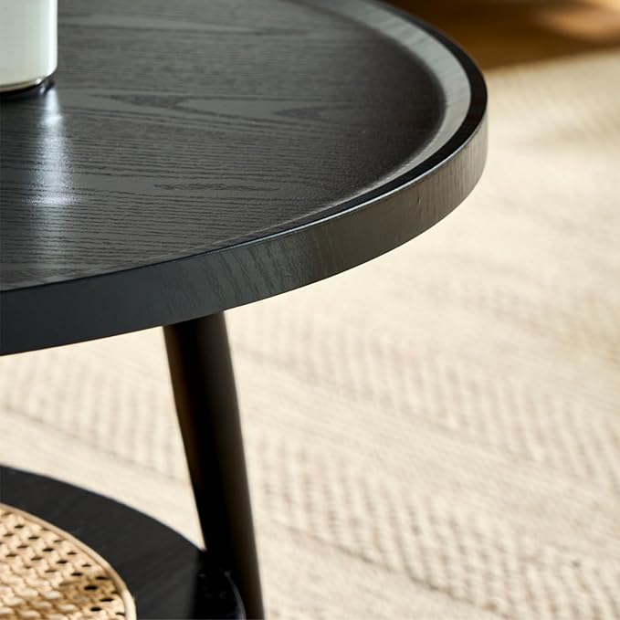 Saint Mossi Wood and Rattan Coffee Table for Living Room, Mid Century Modern Round Coffee Table, 2-Tier Boho Center Table for Small Space, Black Wood and Rattan Top, W31xH15