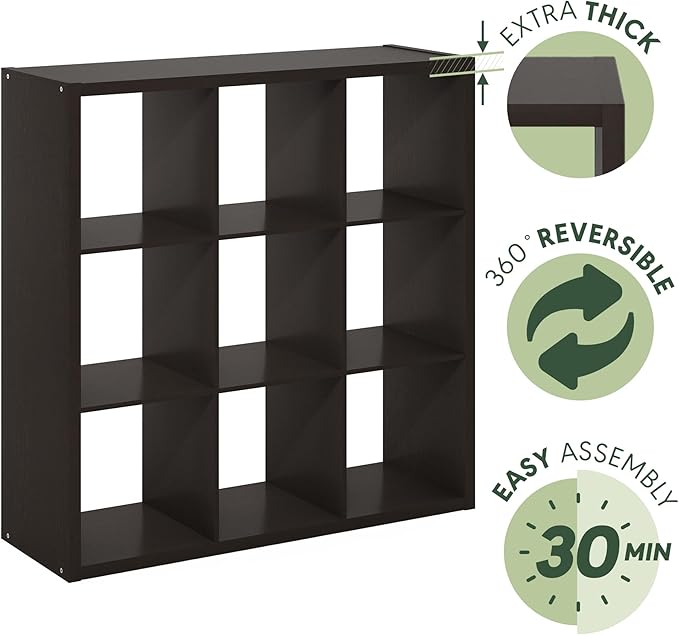 Furinno CUBICLE Book Shelf, 9-Cube Bookshelf, Extra Thick Frame Reversible Bookcase with Open Back, 14.6" x 44" x 44", for Living Room, Bedroom, Home Office, Black Dark Oak