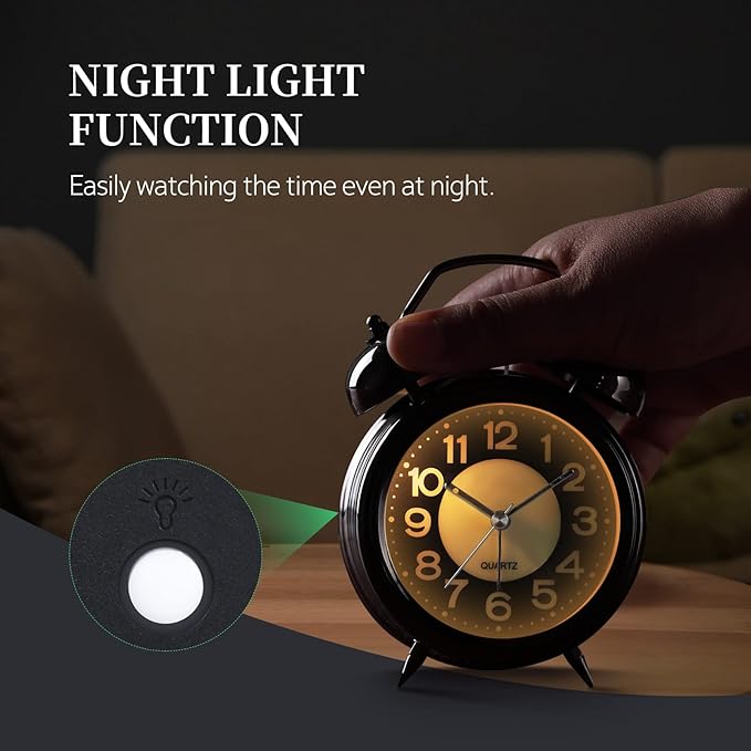 Super Loud Alarm Clock For heavy sleepers,4 inches Twin Bell Alarm Clock with Backlight,Battery Operated,Silent Non Ticking,For Kids,Adults,Bedrooms,Retro decor Desk Analog Clocks.. (Noctilucent)