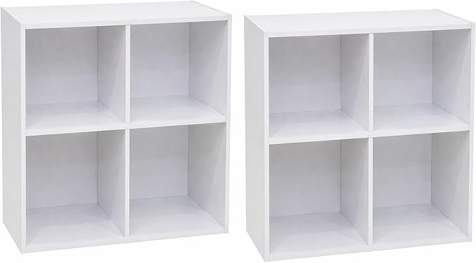 Kings Brand Furniture George 4-Cube Storage Organizer, 2-Tier Bookcase with Wood Shelves for Living Room, Bedroom, Nursery, or Home Office (White, 2-Pack)