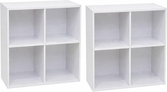 Kings Brand Furniture George 4-Cube Storage Organizer, 2-Tier Bookcase with Wood Shelves for Living Room, Bedroom, Nursery, or Home Office (White, 2-Pack)