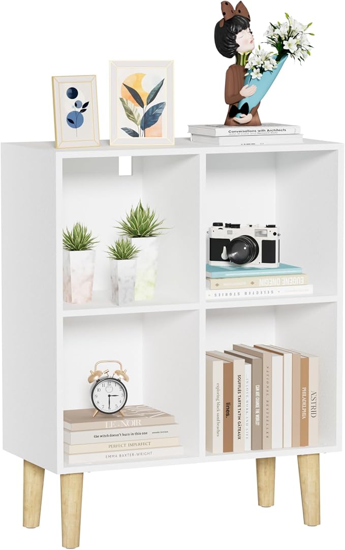 4 Cube Bookcase, Wooden Book Shelf Cube Storage Organizer with Legs, 2 Tier Bookshelf Freestanding Open Shelves for Living Room, Bedroom, Home Office (White, 4 Cube)