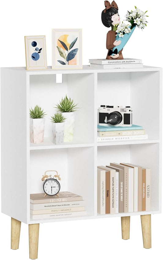4 Cube Bookcase, Wooden Book Shelf Cube Storage Organizer with Legs, 2 Tier Bookshelf Freestanding Open Shelves for Living Room, Bedroom, Home Office (White, 4 Cube)