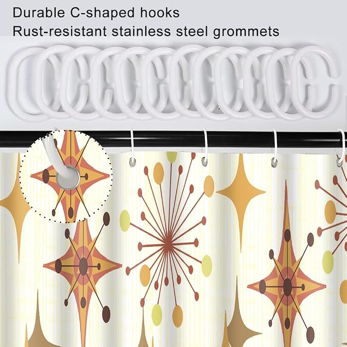 Mid Century Shower Curtain, 72x78inch, Modern Abstract Retro Yellow Striped Geometric Shower Curtain Sets 1950s Boho Bathroom Shower Curtain with 12 Hooks