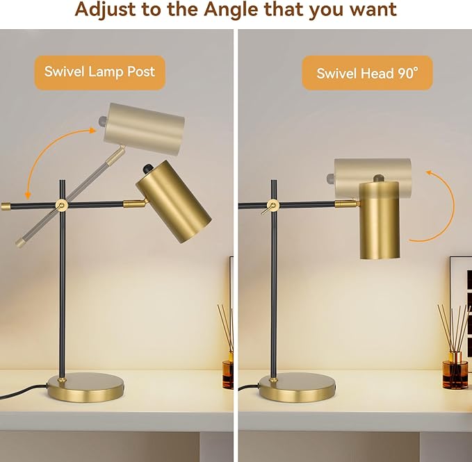 Modern Black and Gold Desk Lamp with Type C Charging Port, Minimalist Industrial Table Lamp with Swing Arm, for Study Room Home Office Bedroom Bedside Nightstand