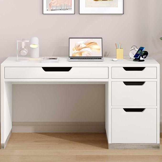 MaverickFurni 52 Inch White Desk with 4 Drawers, Computer Desk with Storage for Small Spaces with Storage File Drawer, Small Home Office Desk with Drawers for Bedroom