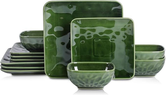 vicrays Ceramic Square 12 Pieces Dinnerware Set - Dinner Plates Salad Plates Cereal Bowls Set Service for 4 - Scratch Resistant Microwave Oven Dishwasher Safe - Green