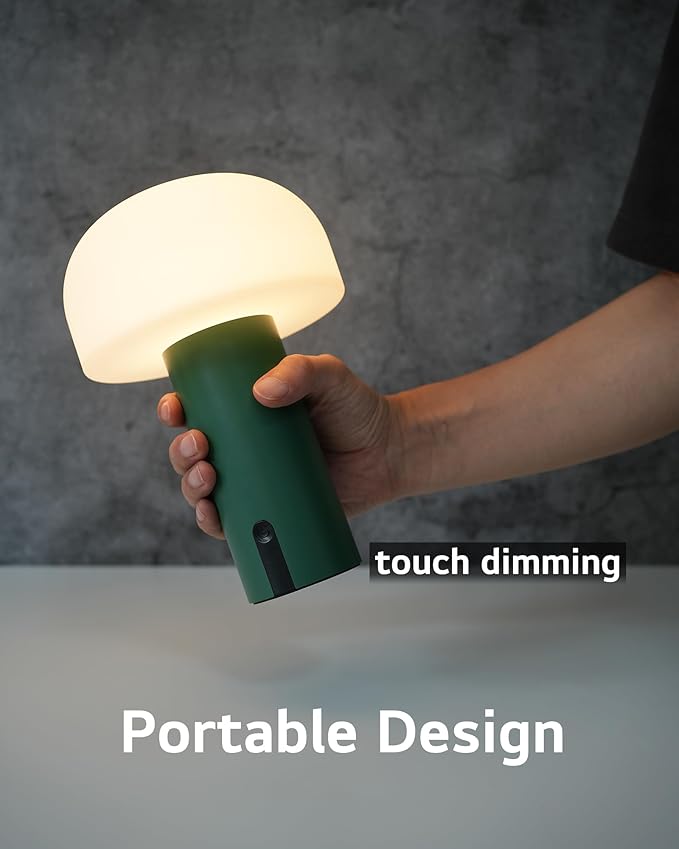 Cordless Mushroom Table Lamp, Waterproof Shower Lamp, Battery Operated Table Lamp Rechargeable, Touch Dimmable Night Light for Bedroom/Patio/Camping/Dinning/Outdoor (Green)