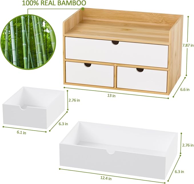 Desk Organizer with Drawers - Bamboo Desktop Organizer Storage | Natural-White Wood Desk Drawers Organizer for Bills, Office Supplies, Cosmetics, Seals No Assembly Required
