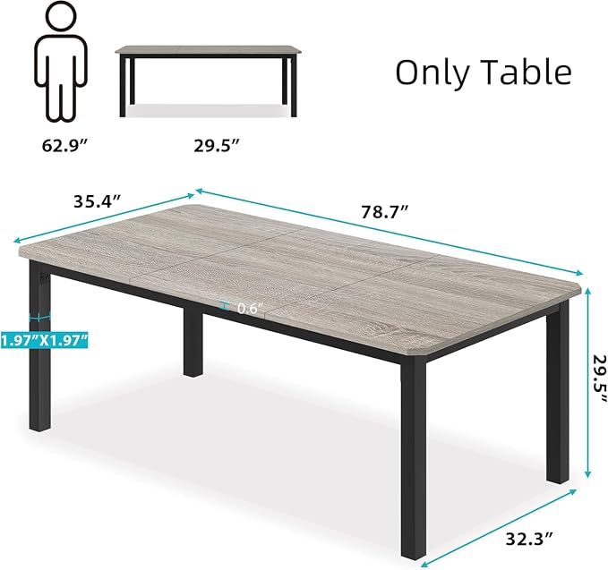 Garvee 78.7 Inch Industrial Dining Table for 6-8 People, Large Dinner Kitchen Tables with Sturdy Metal Frame, Multi-Use for Dining Room Living Room Indoor Restaurant Office Desk (Only Table)