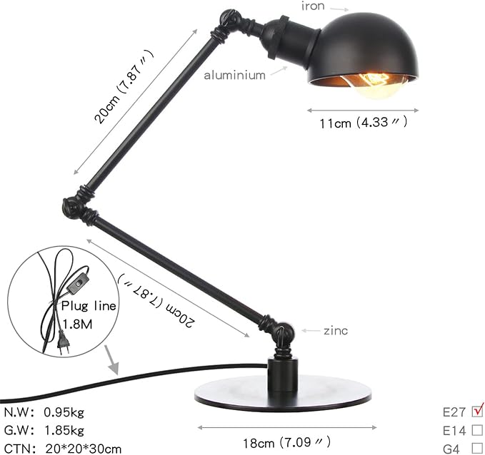 Makeup Vintage Desk Lamp, Adjustable Swing Arm Industrial Metal Task Table Lamp, Bedroom Bedside Night Light Cafe Retro Reading Lighting,Black