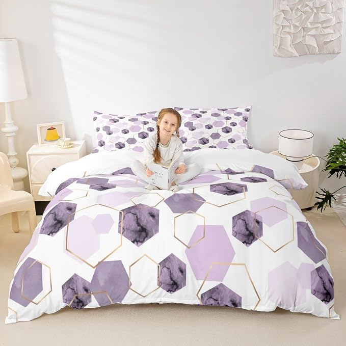 Erosebridal Lavender Purple Modern Duvet Cover Queen - Marble Grain Geometric Bedding, Fresh Abstract Geometric Art Bed Set for Boys Girls Watercolor Hexagon Bed Cover with 2 Pillowcases